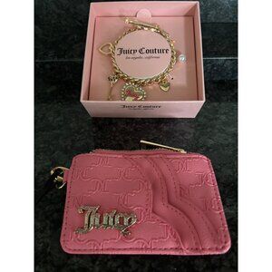 Juicy Couture Pink Card Wallet Keychain & Gold Charm Bracelet Heart & Key Accent